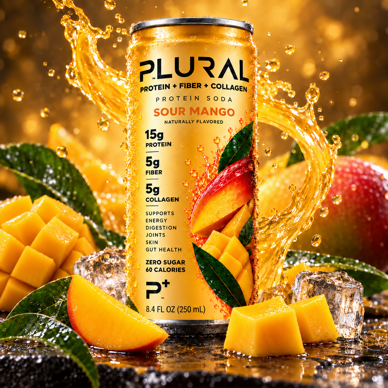 PLURAL Sour Mango protein soda with fresh mango and ice